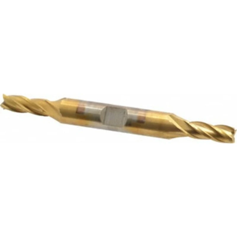 Cleveland 1/4, 5/8 LOC, 3/8 Shank Diam, 3-3/8 OAL, 4 Flute, High Speed Steel Square End Mill Double End, TiN Finish, ...